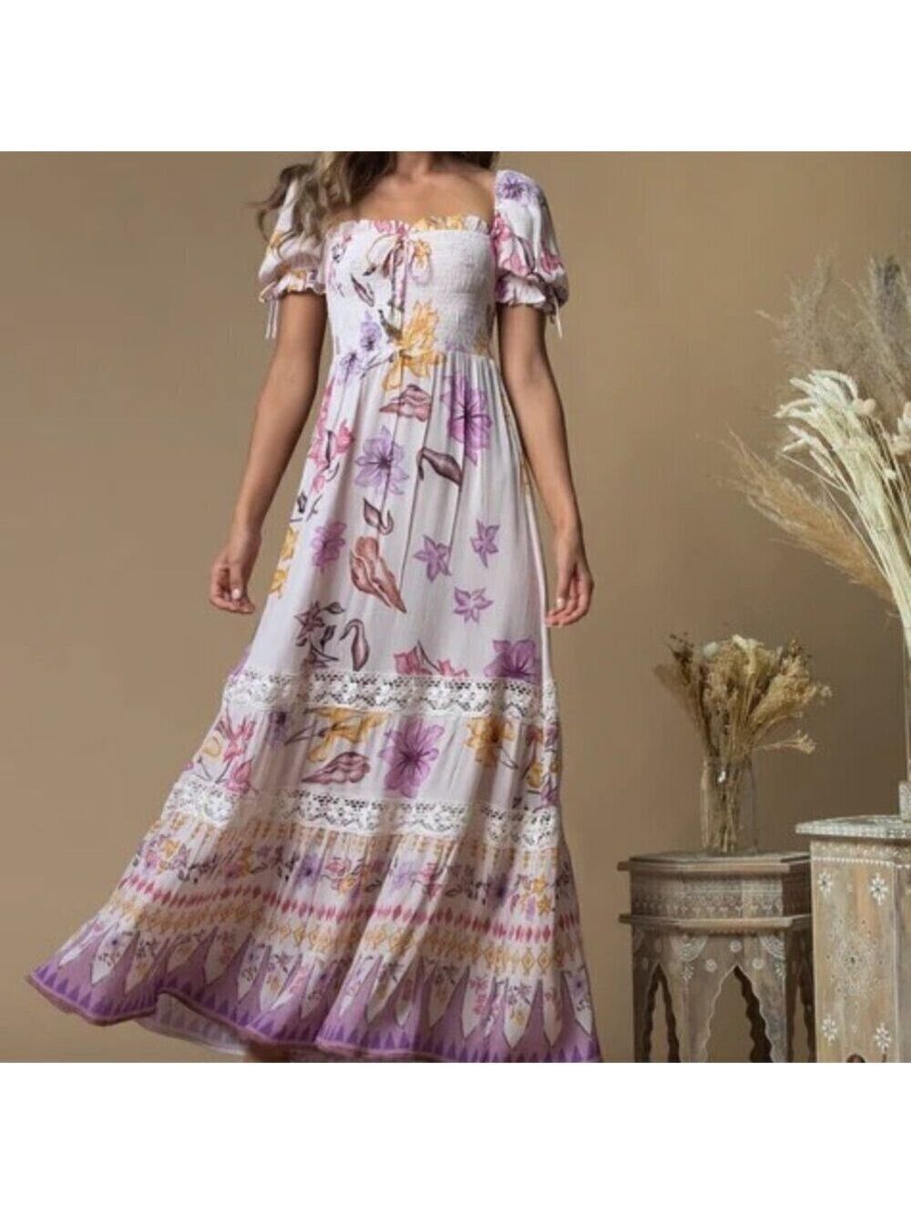 Z and L Womens Tiana Maxi Dress Smocked Bodice White Purple Floral Tiered Size L